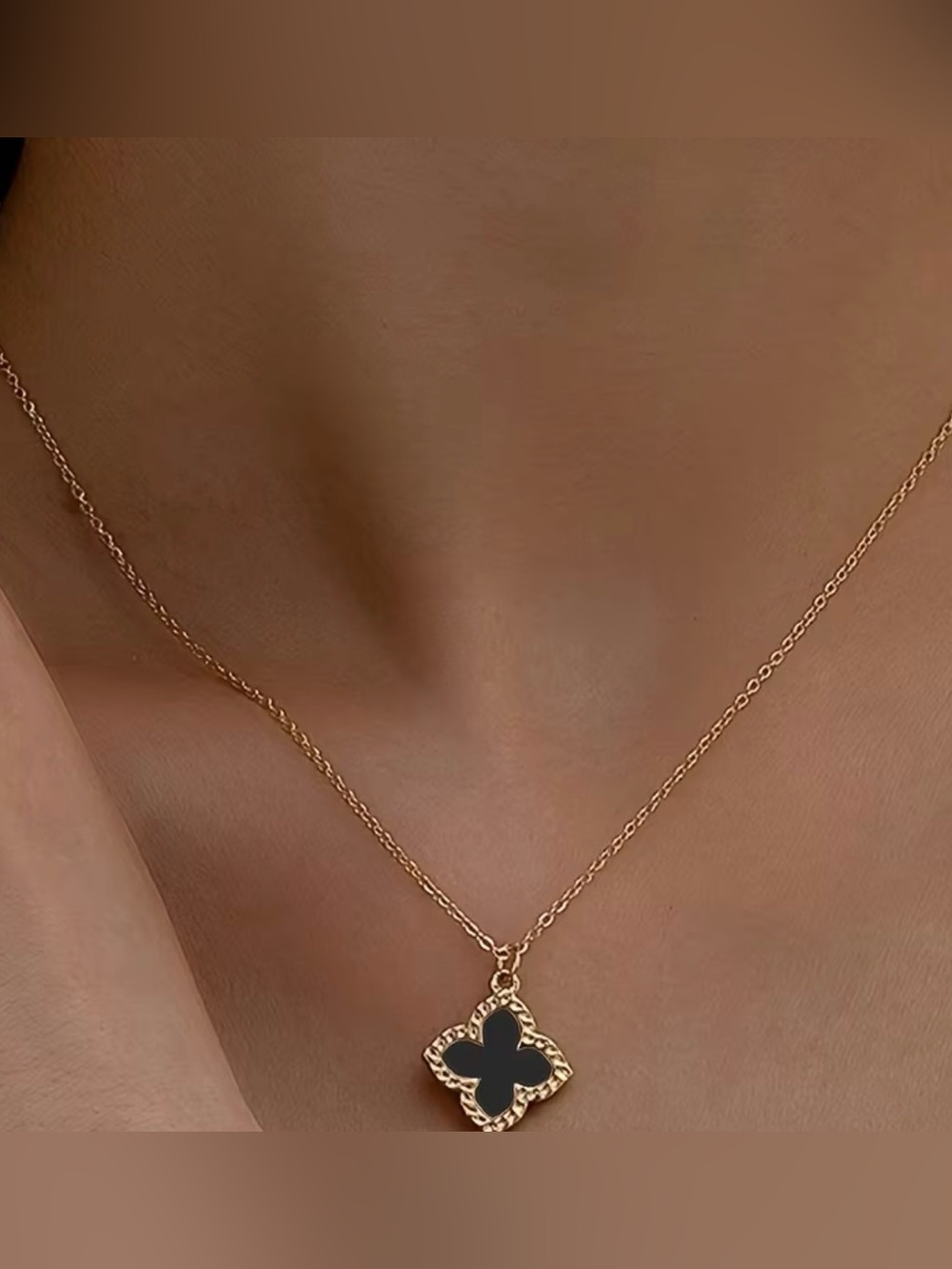 Van Cleef Gold Clover Pendant Necklace with Black Inlay - Women's Jewelry